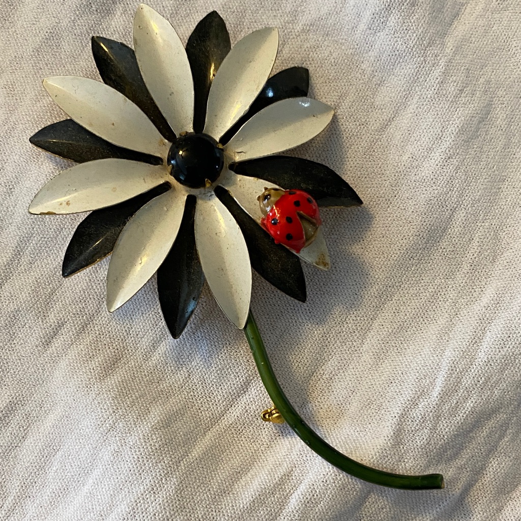 Elegant Vintage Black And White Floral Brooch With Red Ladybug